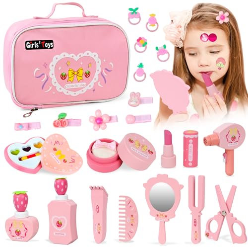 Joellfuner Maquillage Enfant Fille en Bois, Coffret Maquillage Enfant, avec Tatouage Temporaire et Élastique, Trousse de Maquillage Fraise, Jeux de Maquillage, Anniversaire Cadeau Fille 3 4 5 6 7 Ans