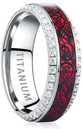TUNGSTORY Herren Ring mit Gravur – Titan, 8 mm, Rot, Blau oder Grün mit schwarzem Drachenmuster, Facettenkante & Zirkonia