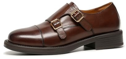 BEAU TODAY Monk Strap Loafers, Womens Leather Loafers, Cap Toe Slip-Ons Waxed Calfskin Loafer Flats for Business Casual Dress Women Shoes, Coffee Cap Toe, 4 UK