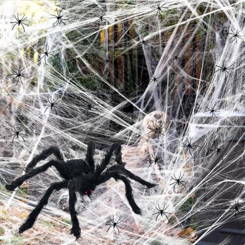 Cadimus Spinnennetz Halloween Deko, 300g Dehnbare Spinnennetze + 1PCS Große Spinne + 50PCS Mini Spinnen, Spinnennetz Halloween Dekoration, Spinnenweben für Outdoor Indoor Party Horror Deko