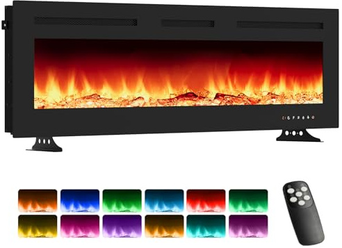 Electric Fireplace, Aptliton 60 Inch Wall Mounted Electric Fire with Remote Control, 12 Flame Colors and 2 Heat Settings 900/1800W, Adjustable Flame Brightness with Touch Screen Control