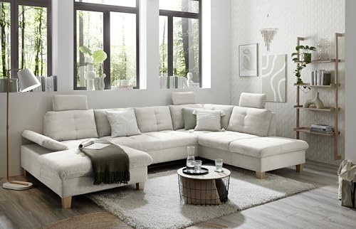 Wohnlandschaft Ascot mit Cord-Bezug und Schlaffunktion in Creme, U-Form inkl. Kopfstützen, Bettkasten und Verstellbarer Armlehne - 324 x 107 x 218 cm (B/H/T)
