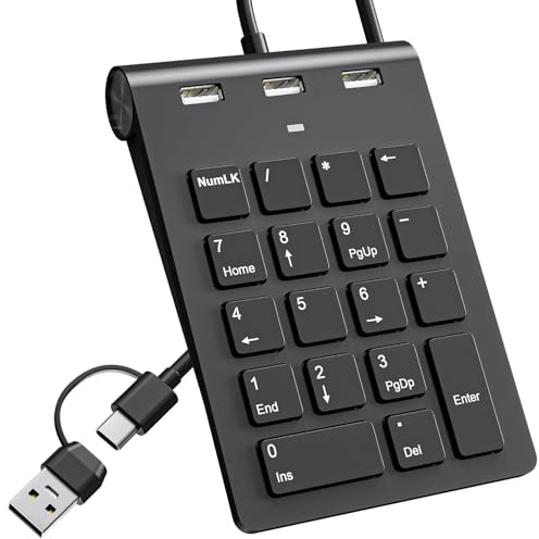 Bawanfa Plus USB C & USBA Numpad Wired – Nummernblock mit 3 USB 2.0 Hub, 18-Tasten Ziffernblock für Laptop/Desktop/iPad, 15° Ergonomic Nummernblock Tastatur für Windows/macOS/Chrome OS, Schwarz