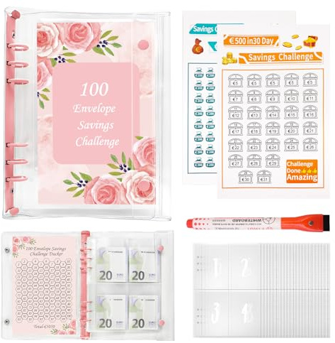 Fettwal 100 Envelope Saving Challenge, Ringbuch A5 Geld Sparen Mappe, Sparbuch für Geld Sparen Challenge, Budget Planner für Geldsparmappe SparChallenge mit 3 Speicherkarten 1 Aquarellstift,Neues Rosa