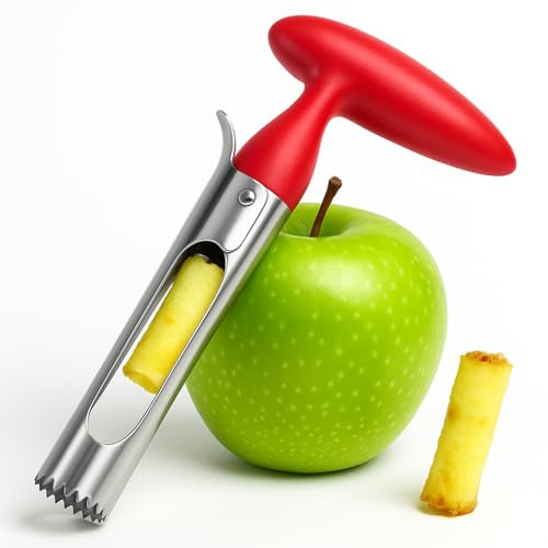 Stainless Steel Apple Corer with Red Ergonomic Handle, Easy Core Remover Tool with Serrated Edge for Quick Fruit Preparation, Ideal for Apples, Pears, Baking, Snacks, Lunchboxes and Kitchen Use