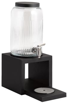 APS 14125 Getränkespender VALO, Basis auch Eichenholz schwarz (wasserfest lackiert), Behälter aus Glas (3,8 Liter), Zapfhahn aus Edelstahl, Deckel aus Edelstahl schwarz, Abtropfgitter herausnehmbar
