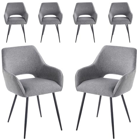6er Set Esszimmerstühle Modern: Ergonomische Velours Küchenstuhl mit Armlehnen Rückenlehne Schwarze Metallbeine Komfortabel für Esszimmer Wohnzimmer Küche - Einfache Montage (6, Hellgrau)