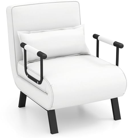 FANTASK 4 in 1 Schlafsessel mit Bettfunktion, Relaxsessel Sofabett mit 6-Fach verstellbare Rückenlehne & abnehmbarem Kissen, klappbares Schlafsofa mit Metallrahmen bis 150 kg (Weiß)