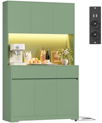 FirFurd Küchenschrank Buffetschrank mit LED und Steckdosenleiste grün | Sideboard für Küche Esszimmer Wohnzimmer, Küchenbuffet mit 6 Türen, 2 Schubladen, verstellbaren Ablagen, 100 x 38,5 x 180 cm
