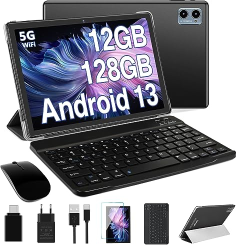 ZIOVO 2026 Neueste Tablet 10 Zoll Android 13 OS, 12GB RAM +128GB ROM(TF 2TB), 5G+2.4G WLAN | 2.0 Ghz 8 Core | 5+8MP | BT 5.0 | GPS | 6000mAh | GMS Tablet mit Tastatur & Maus - Schwarz