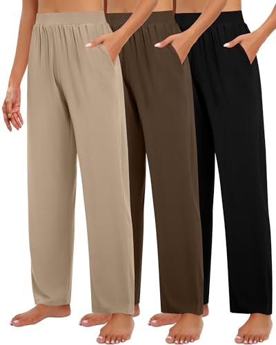 Geyoga Lot de 3 Pantalons de Détente pour Femme avec Poches Jambes Larges Confortables et Fluides Parfaits pour Le Yoga