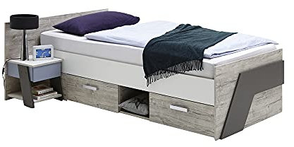 Lomadox Jugendzimmer Kinderzimmer Schlafzimmer Set, Sandeiche mit weiß, Lava Denim blau, 90x200 cm Einzelbett mit Nachttisch