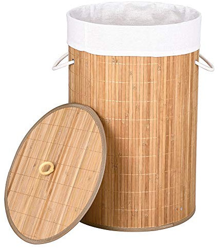 Bakaji Panier à linge sale à linge maison en bois de bambou et tissu récipient pliable peu encombrant avec couvercle et poignées, capacité 70 l, dimensions 38 x 60 cm (naturel)