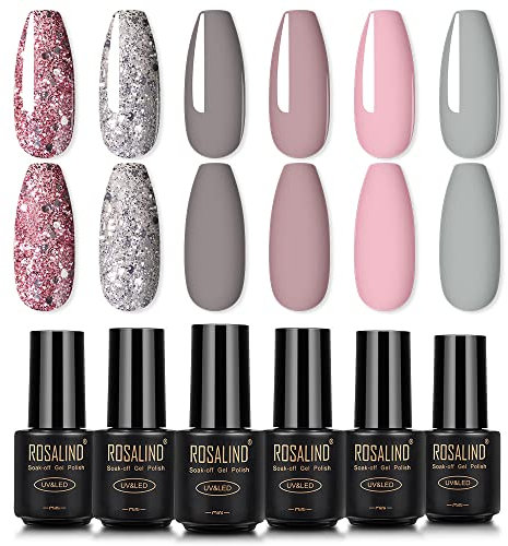 ROSALIND Gel Nagellack UV Set Shellac Pink Farbe Funkeln Nail Art Ablösen Gel Nail Polish Set 6 * 7ml