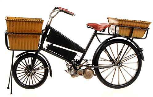 Schick-Design Fahrrad mit 2 Körben 30 cm schwarz aus Metall mit Hilfsmotor Oldtimer Nostalgie Blech Modell Rad Velo