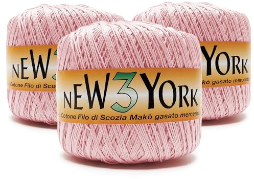 New York - 3 pezzi da 150gr filato 100% cotone filo di Scozia Makò gasato mercerizzato, cotone n 3 - Rosa Antico 05