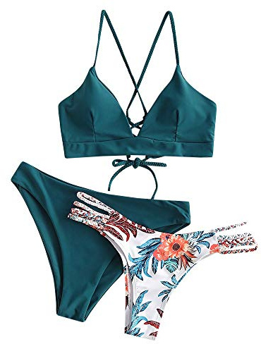 ZAFUL Maillot de bain bikini tressé avec imprimé, soutien-gorge rembourré sans fil, breif à taille basse - Bleu - L