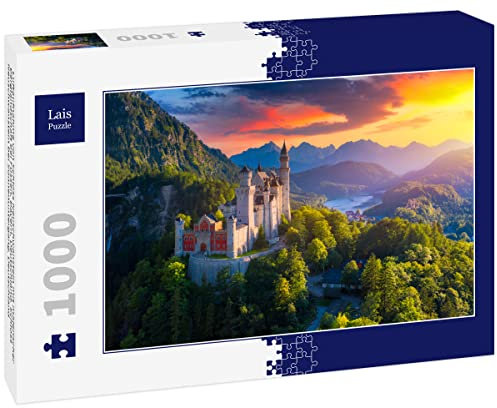 Lais Puzzle Luftaufnahme von Schloss Neuschwanstein mit malerischer Berglandschaft bei Füssen, Bayern, Deutschland. Schloss Neuschwanstein bei Sonnenuntergang, Deutschland 1000 Teile