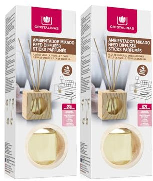 CRISTALINAS. Ambientador Mikado. Cubo de Madera con Varillas de ratán. 0% Alcohol Mas de 4 semanas de duración. 30ml. Aroma Vainilla. (Pack 2)