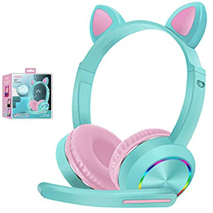 Kids Headphones,Cat Ear LED Light Up Bluetooth Headsets with Mic,Noise Cancelling Wireless Headphones Hands Free Headset for Children Boys Girls - Light Blue
