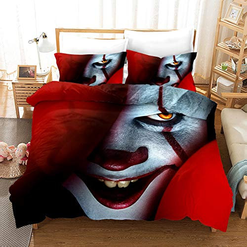 PTNQAZ Bettbezug-Set mit 3D-Horrorfilm-Clown-Serie, bedrucktes Bettwäsche-Set, Einzel-, Doppel-, Kingsize-, Bettwäsche für Erwachsene, Bettbezug mit Kissenbezügen (Einzelbett)