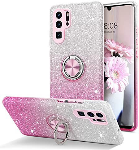 DUEDUE Glitzer Hülle für Huawei P30 Pro mit Ring [360° Drehbarer Fingerring] Stoßfeste Glitzer Hartschale TPU Leicht Dünn Schutzhülle für Huawei P30 Pro, Rosa