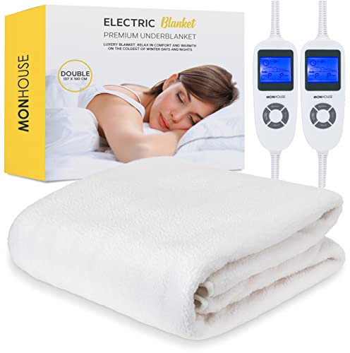 MONHOUSE Premium Soft Fleece Electric Blanket - Heated Under Blanket - Double 137x190cm Beige - Fitted Mattress Cover - Detachable & Machine Washable - Dual Controller Multi Zones, 9 Heat Settings