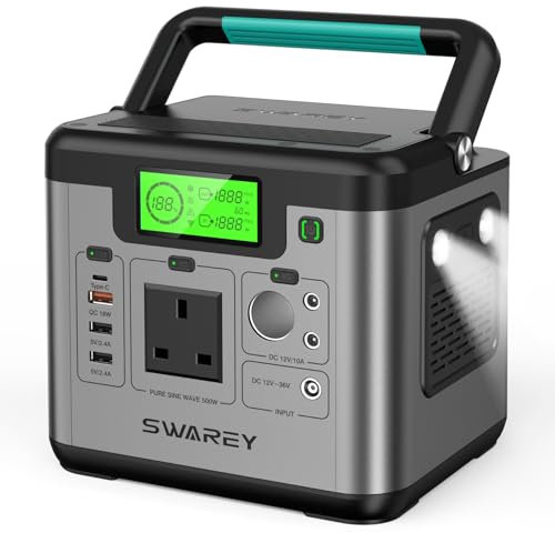 SWAREY Portable Power Station 500W, 518Wh Solar Generator with Pure Sine Wave 500W(Surge 1000W) AC Outlet, PD 65W USB-C Port, for Outdoors Camping Travel Fishing RV