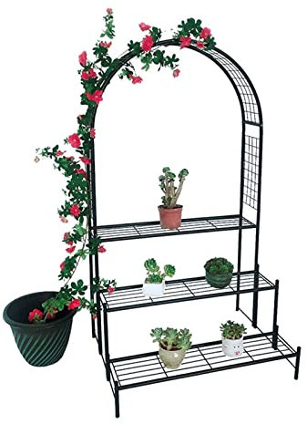 WJJ Arche De Jardin À 3 Niveaux avec Supports pour Plantes, Présentoir pour Pots, Noir