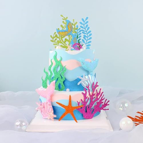 Blumomon 9Pcs Mermaid Cake Toppers Kit with Mermaid Theme Birthday Cake Topper Glitter Seaweed Decoration for Birthday Party Baby Shower Wedding Mermaid Party Supplies