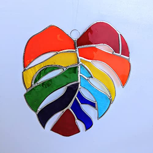 Regenbogen-Monstera-Blatt-Buntglas – Sonnenfänger – bunte Fenster-Hängedekorationen, Geschenk – Ornamente – Weihnachtsschmuck, Charm – Sammlerstück, Gay Pride – LGBTQA+ – Souvenir, Heimdekoration