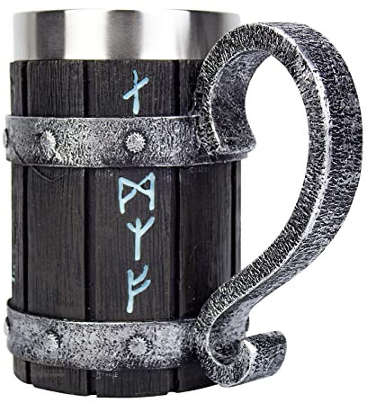 Nordic Viking Rune Mug Tankard Stainless Steel Wooden Resin 3D Norse Decor Coffee Cool Gothic Beer Tankard Stein Cup Mugs 20oz