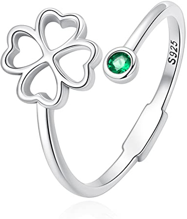 Qings Vierblättriges Kleeblatt offener Ring 925er Sterling Silber Hohle Blätter Funkelnder grüner Edelstein Glückliches Schmuck Geschenk zum St. Patrick's Day für Sie