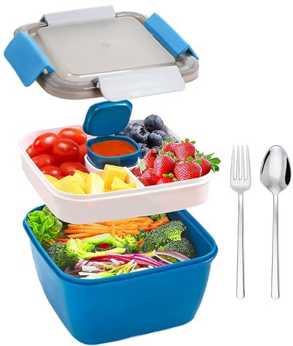 Yalucky Double Layer Salad Lunch Box Bento Box with Compartments Salad Box with Cutlery and Condiment Large Capacity Lunch Box for Adults Salad Bowl 1.5L(Blue)