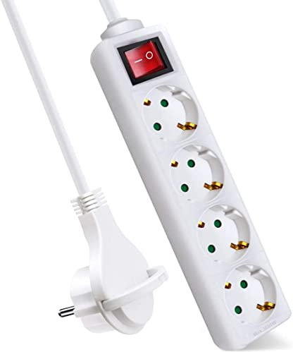 EXTRASTAR Regleta Alargador con 4 Enchufes e Interruptor, Cable 1.5M Clavija Plana, para el hogar, Oficina y Viajes, 16A, 250V, 3680W, Blanco