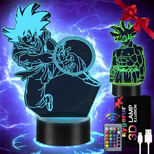 Eygerur Kit Lampe Goku 2-en-1, Manga Goku Veilleuse 3D LED Illusion pour Enfants, USB Smart Remote Control Goku Lampe Chevet 16 Couleurs NoëL Goku Cadeau Chambre D'Enfant DéCoration Cadeau De Vacances