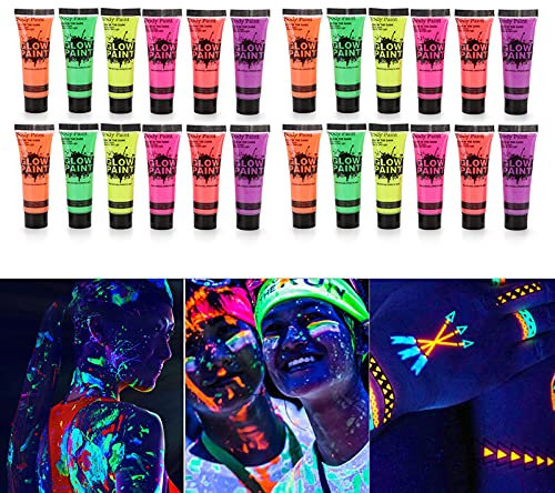 Benkeg 24 Tubes 10ml / 0,34oz Art Body Paint Glühen in UV-Licht Gesichts- und Körperfarbe mit 6 Farben Glow Blacklight Neon fluoreszierend für Party Clubbing Festival Halloween Make-up