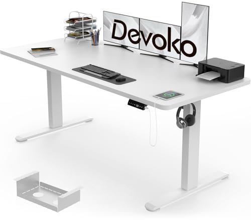 Devoko Electric Standing Desk 160x80cm with USB Charging Height Adjustable with Desktop Sit Stand Up Heavy Duty Steel 3 Memory Smart Pannel(White)