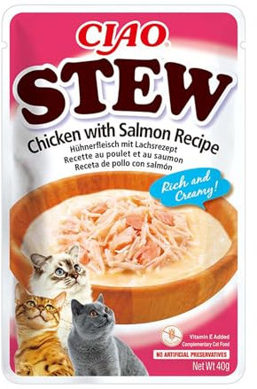 INABA Churu Stew - Stew for Cats - Chicken/Salmon Recipe Snacks - Rich and Creamy Treats - Without Grains, Preservatives, Colours - Low Calories - 40g
