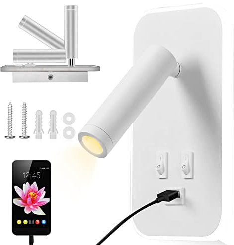 Liseuse de Chevet, Applique Murale LED avec Interrupteur et Port de Charge USB, 3W+9W 3000K Fixation Murale Spot Rotatif, Lumières Mural Lit Noir Lampe Murale Couloir Hotel