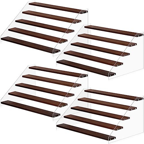 Queekay Confezione da 4 espositori in legno acrilico, a più livelli, in acrilico trasparente, espositore a scaletta per figura, cupcake, profumi, dessert (40 cm, 5 livelli)