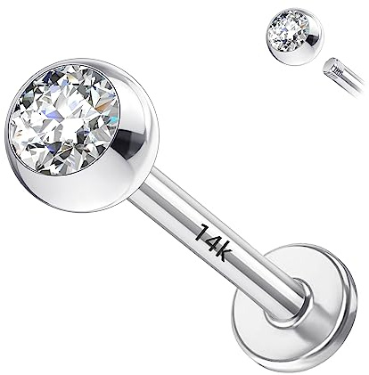 Designfy Körperschmuck-Ohrringe für Damen, 14 Karat Gelb/Weißgold, Innengewinde, Mikro-CZ, Edelstein, Tragus/Helix/Labret-Ohrstecker, 16 G, 8 mm, Weißgold, Zirkonia