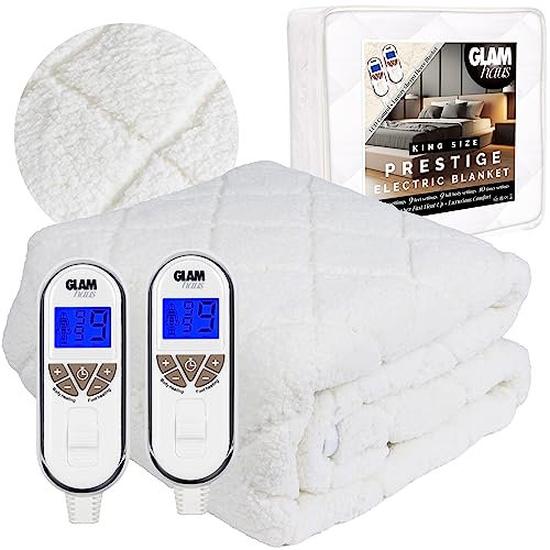 GlamHaus Electric Blanket - Luxurious Diamond-Quilted Sherpa Fleece - 9 Heat & 10 Timer Settings - Individual Body & Feet Settings - Deep Elasticated Skirt - Machine Washable (King)