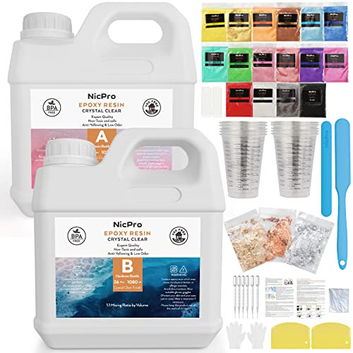 Nicpro Epoxy Resin Kit 72 oz/ 2160 ml, Clear Resin and Hardener Bubble Free, No Yellowing with 16 Mica Powder, Measuring Cups and More, Resin Supplies for Crafts, Jewelry Making, DIY, Beginners