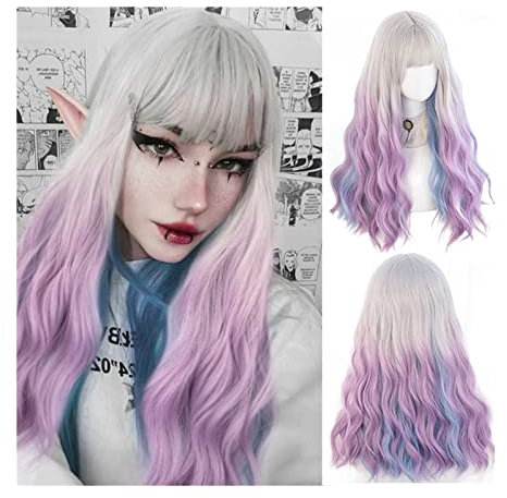 Perücken für Frauen Lange gewellte lockige Synthetikperücke mit Pony, mehrfarbige gewellte Lolita-Cosplay-Perücke, silberweißer Verlauf lila blau hitzebeständige Synthetikperücke für den täglichen Geb