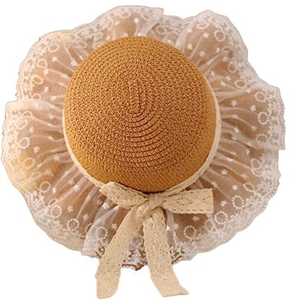 Volicph Sombrero de paja infantil para niña de verano, sombrero de paja suave, sombrero de paja para playa, protección solar, sombrero de viaje, sombrero de paja para bebé, verano, Encaje Lazo Caqui,