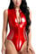 ROSVAJFY Damen Body aus Lackleder mit Reißverschluss, Wetlook Dessous Frauen Body aus Leder Transparent Mesh, Stehkragen Ärmelloser Bodysuit Reizwäsche Unterwäsche Clubwear (Rot)