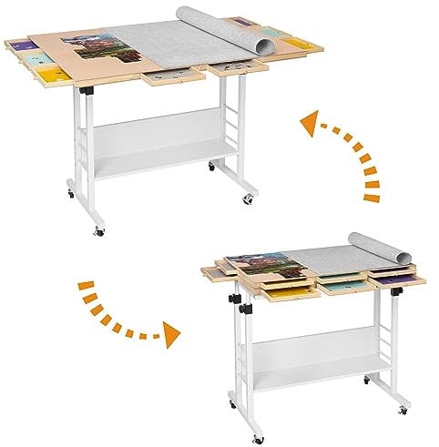Tektalk Puzzletisch mit klappbarer Tischplatte, Höhenverstellung, Puzzlebrett mit 2 Filzbezug & 8 Sortierschalen, umschlossen mit 4 Rollenrädern, für bis zu 2000 Puzzleteile
