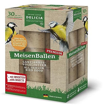 DELICIA® Premium MeisenBallen mit Insekten (30 St. ohne Netz) · Meisenknödel mit Aufhänger · Insektenknödel für Gartenvögel & Wildvögel · Vogelfutter Knödel · Körnerkugel zum Aufhängen