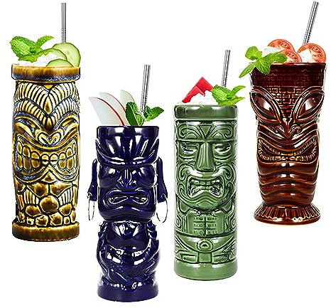 Morlinca Tiki Mugs–Tiki Becher 4er Set–Keramik Tiki gläser Cocktailgläser Tiki Bar deko Tiki Cocktail Party–Tiki Themed Parties–Halloween Parties–Hawaiianische Party,A7